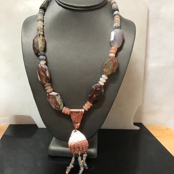 Moonstone Labradorite Boulder Chrysoprase Gemstone Copper Necklace Southwestern - Picture 1 of 10